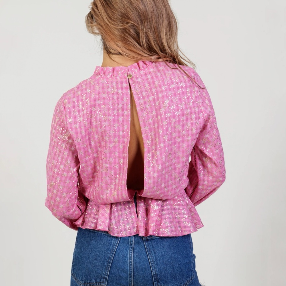 STINE GOYA PINK GOLD STAR PRINT SHIRLEY BACK SLIT OPENING RUFFLE PEPLUM TOP - Picture 12 of 13